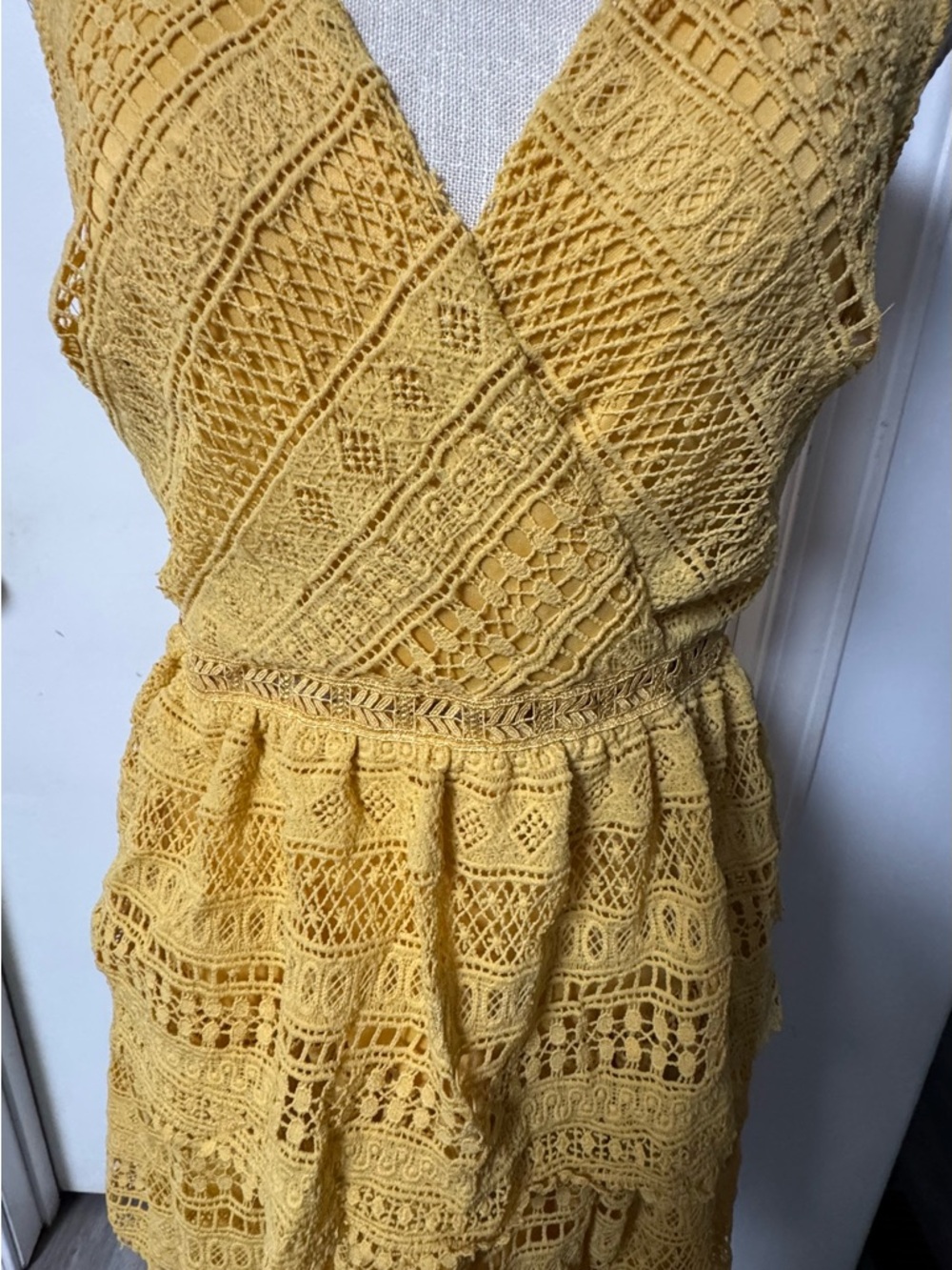 miami Yellow Crochet V-Neck Tiered Mini Dress - Picture 6 of 10